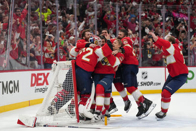 Jun 17, 2025; Sunrise, Florida, USA; The Florida Panthers celebrate winning game six of the 2025 Stanley Cup Final against the Edmonton Oilers at Amerant Bank Arena. Mandatory Credit: Jim Rassol-Imagn Images