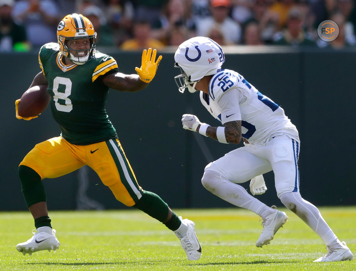 Sep 15, 2024; Green Bay, Wisconsin, USA;  Green Bay Packers running back Josh Jacobs (8) against Indianapolis Colts safety Rodney Thomas II (25) at Lambeau Field. Credit: Wm. Glasheen/USA TODAY Network via Imagn Images