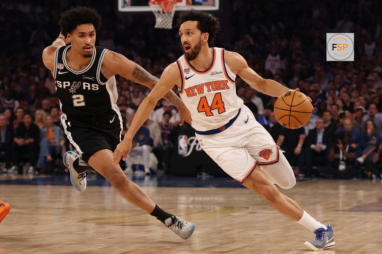 Jun 8, 2026; New York, New York, USA; New York Knicks guard Landry Shamet (44) drives to the basket as San Antonio Spurs guard Dylan Harper (2) defends during game three of the 2026 NBA Finals at Madison Square Garden. Credit: Geoff Burke-Imagn Images