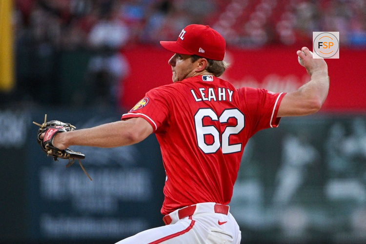 Jun 5, 2026; St. Louis, Missouri, USA; St. Louis Cardinals starting pitcher Kyle Leahy (62) pitches against the Cincinnati Reds during the second inning at Busch Stadium. Credit: Jeff Curry-Imagn Images