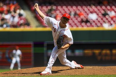 Apr 30, 2026; Cincinnati, Ohio, USA; Cincinnati Reds relief pitcher Emilio Pagan (15) pitches against the Colorado Rockies in the ninth inning at Great American Ball Park. Mandatory Credit: Katie Stratman-Imagn Images