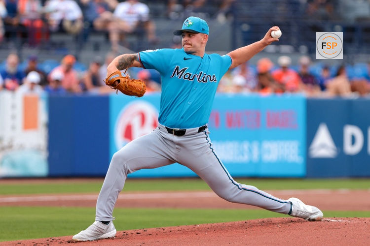 Feb 21, 2026; Port St. Lucie, Florida, USA; Miami Marlins starting pitcher Robby Snelling (61) delivers a pitch against the New York Mets during the first inning at Clover Park. Credit: Sam Navarro-Imagn Images