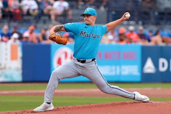 Feb 21, 2026; Port St. Lucie, Florida, USA; Miami Marlins starting pitcher Robby Snelling (61) delivers a pitch against the New York Mets during the first inning at Clover Park. Mandatory Credit: Sam Navarro-Imagn Images