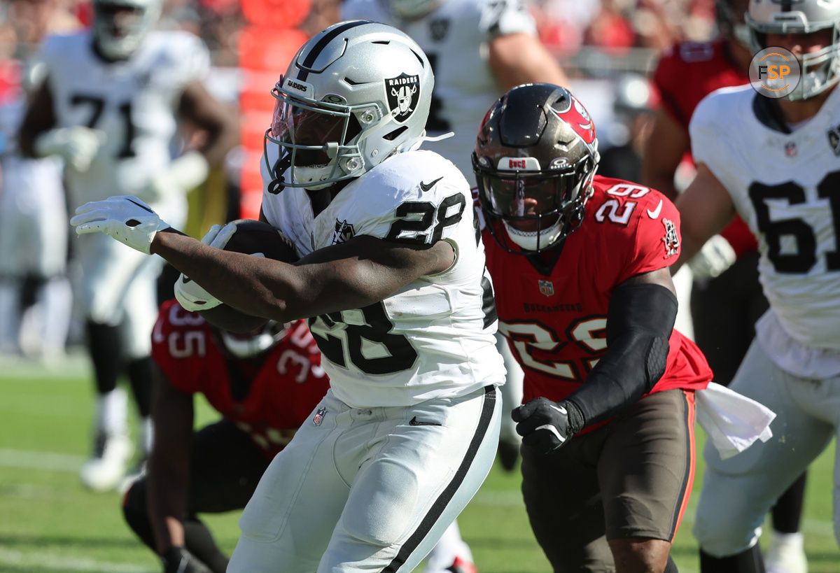 Dec 8, 2024; Tampa, Florida, USA; Las Vegas Raiders running back Sincere McCormick (28) runs past Tampa Bay Buccaneers safety Christian Izien (29) during the second quarter at Raymond James Stadium. Credit: Kim Klement Neitzel-Imagn Images