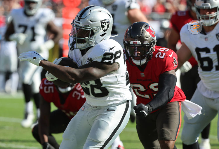 Dec 8, 2024; Tampa, Florida, USA; Las Vegas Raiders running back Sincere McCormick (28) runs past Tampa Bay Buccaneers safety Christian Izien (29) during the second quarter at Raymond James Stadium. Credit: Kim Klement Neitzel-Imagn Images