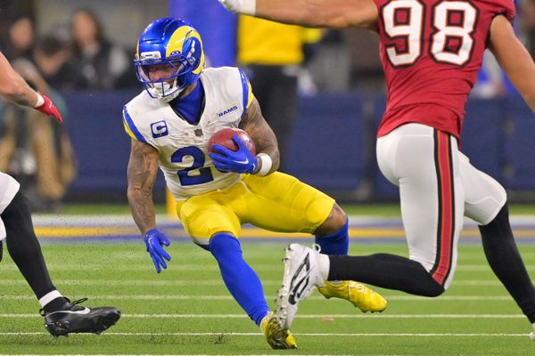 Nov 23, 2025; Inglewood, California, USA; Los Angeles Rams running back Blake Corum (22) carries the ball against the Tampa Bay Buccaneers at SoFi Stadium. Mandatory Credit: Jayne Kamin-Oncea-Imagn Images