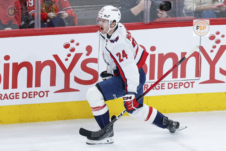 Jan 9, 2026; Chicago, Illinois, USA; Washington Capitals center Connor McMichael (24) celebrates after scoring against the Chicago Blackhawks during the first period at United Center. Credit: Kamil Krzaczynski-Imagn Images
