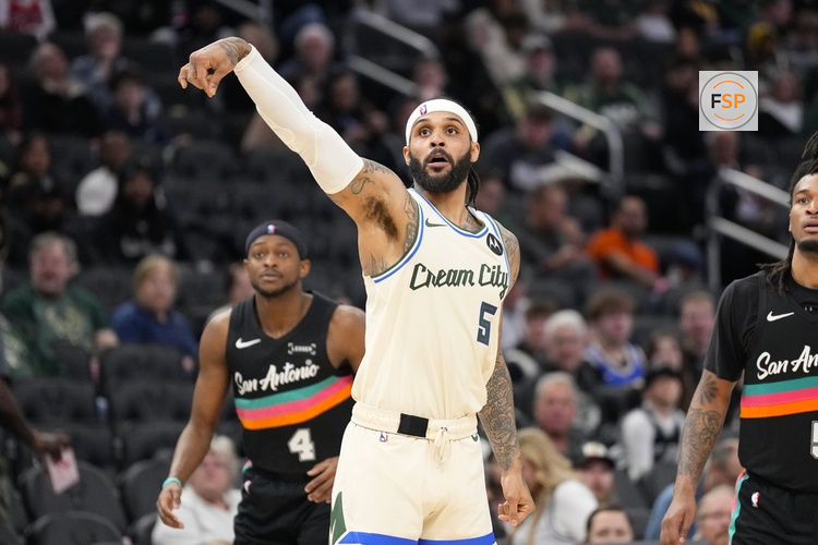 Mar 28, 2026; Milwaukee, Wisconsin, USA;  Milwaukee Bucks guard Gary Trent Jr. (5) during the game against the San Antonio Spurs at Fiserv Forum. Credit: Jeff Hanisch-Imagn Images