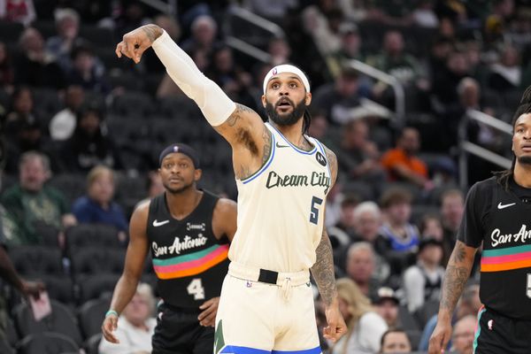 Mar 28, 2026; Milwaukee, Wisconsin, USA;  Milwaukee Bucks guard Gary Trent Jr. (5) during the game against the San Antonio Spurs at Fiserv Forum. Mandatory Credit: Jeff Hanisch-Imagn Images