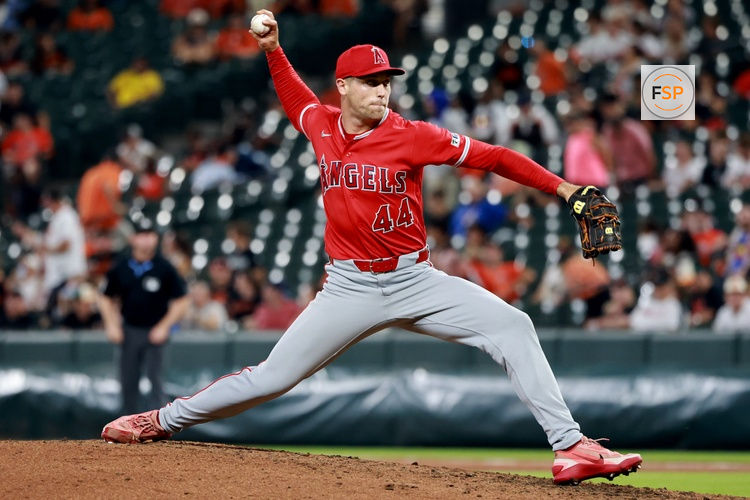 Aug 5, 2026; Baltimore, Maryland, USA; Los Angeles Angels pitcher Ben Joyce (44) throws during the seventh inning against the Baltimore Orioles at Oriole Park at Camden Yards. Credit: Daniel Kucin Jr.-Imagn Images