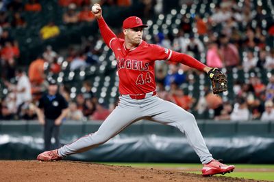 Aug 5, 2026; Baltimore, Maryland, USA; Los Angeles Angels pitcher Ben Joyce (44) throws during the seventh inning against the Baltimore Orioles at Oriole Park at Camden Yards. Mandatory Credit: Daniel Kucin Jr.-Imagn Images
