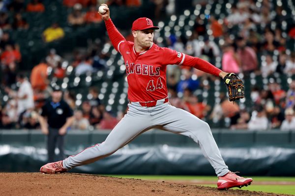 Aug 5, 2026; Baltimore, Maryland, USA; Los Angeles Angels pitcher Ben Joyce (44) throws during the seventh inning against the Baltimore Orioles at Oriole Park at Camden Yards. Mandatory Credit: Daniel Kucin Jr.-Imagn Images