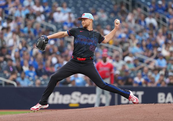 Jul 4, 2025; Toronto, Ontario, CAN; Toronto Blue Jays pitcher Eric Lauer (56) throws a pitch against the Los Angeles Angels during the first inning at Rogers Centre. Mandatory Credit: Nick Turchiaro-Imagn Images