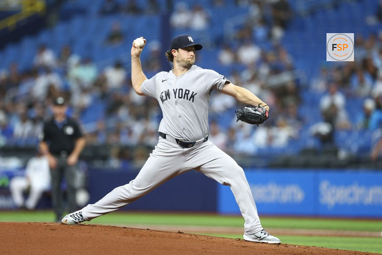 Jul 8, 2026; St. Petersburg, Florida, USA; New York Yankees starting pitcher Gerrit Cole (45) throws a pitch against the Tampa Bay Rays in the first inning at Tropicana Field. Credit: Nathan Ray Seebeck-Imagn Images
