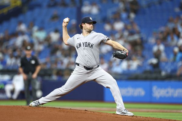 Jul 8, 2026; St. Petersburg, Florida, USA; New York Yankees starting pitcher Gerrit Cole (45) throws a pitch against the Tampa Bay Rays in the first inning at Tropicana Field. Mandatory Credit: Nathan Ray Seebeck-Imagn Images