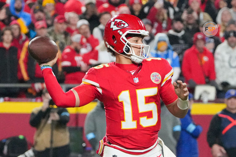 Dec 8, 2024; Kansas City, Missouri, USA; Kansas City Chiefs quarterback Patrick Mahomes (15) drops back to pass against the Los Angeles Chargers during the first half at GEHA Field at Arrowhead Stadium. Credit: Denny Medley-Imagn Images