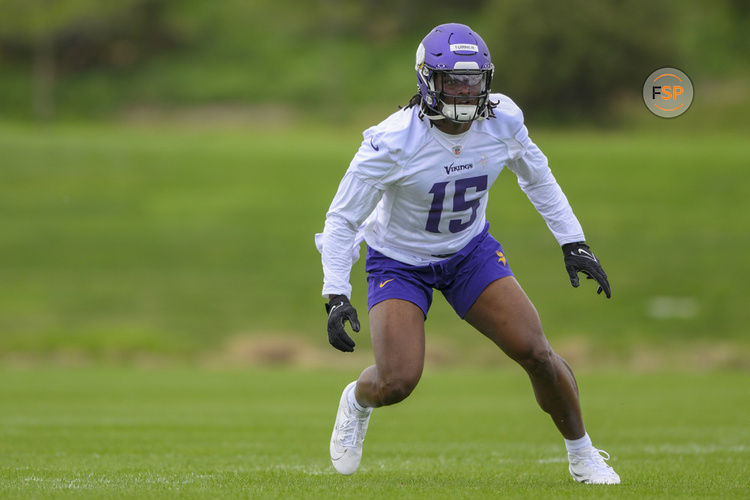 EAGAN, MN - MAY 10: Minnesota Vikings linebacker Dallas Turner (15) runs through a drill during Minnesota Vikings Rookie Camp on May 10, 2024, at TCO Performance Center in Eagan, MN.(Photo by Nick Wosika/Icon Sportswire)