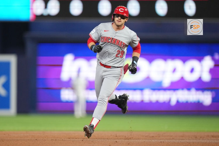 Aug 8, 2024; Miami, Florida, USA;  Cincinnati Reds center fielder TJ Friedl (29) rounds the bases after hitting a home run in the second inning against the Miami Marlins at loanDepot Park. Credit: Jim Rassol-USA TODAY Sports