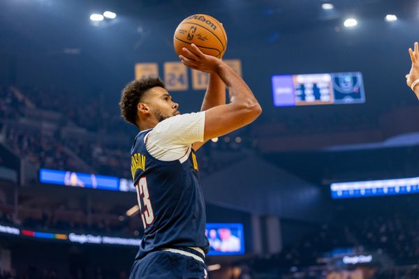 Oct 23, 2025; San Francisco, California, USA;  Denver Nuggets forward Cameron Johnson (23) puts up a shot against the Golden State Warriors during the first quarter at Chase Center. Mandatory Credit: Bob Kupbens-Imagn Images
