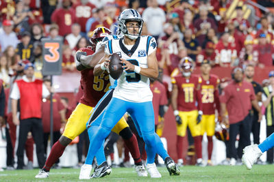 Oct 20, 2024; Landover, Maryland, USA; Carolina Panthers quarterback Bryce Young (9) prepares to throw the ball against the Washington Commanders during the second half at Northwest Stadium. Mandatory Credit: Amber Searls-Imagn Images