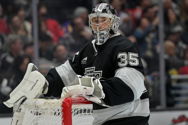 Dec 4, 2025; Los Angeles, California, USA;  Los Angeles Kings goaltender Darcy Kuemper (35) during the third period against the Chicago Blackhawks at Crypto.com Arena. Mandatory Credit: Jayne Kamin-Oncea-Imagn Images