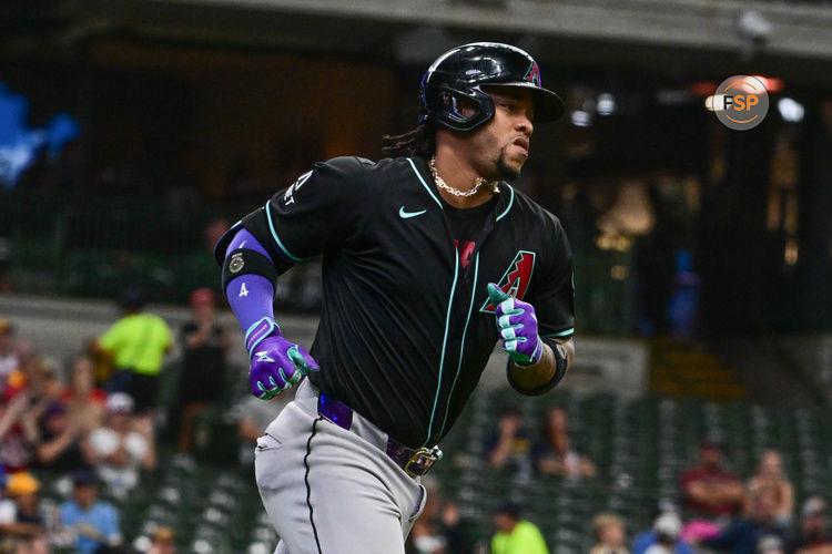 Sep 22, 2024; Milwaukee, Wisconsin, USA; Arizona Diamondbacks second baseman Ketel Marte (4) runs the bases after hitting a solo home run in the first inning against the Milwaukee Brewers at American Family Field. Credit: Benny Sieu-Imagn Images