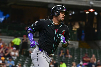 Sep 22, 2024; Milwaukee, Wisconsin, USA; Arizona Diamondbacks second baseman Ketel Marte (4) runs the bases after hitting a solo home run in the first inning against the Milwaukee Brewers at American Family Field. Mandatory Credit: Benny Sieu-Imagn Images