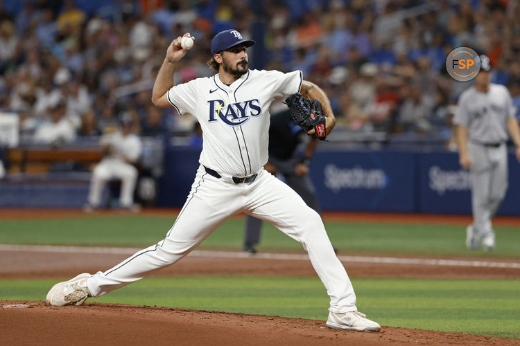 ST. PETERSBURG, FL - JULY 10: Tampa Bay Rays pitcher Zach Eflin (24) delivers a pitch during an MLB game against the New York Yankees on July 10, 2024 at Tropicana Field in St. Petersburg, Florida. (Photo by Joe Robbins/Icon Sportswire)