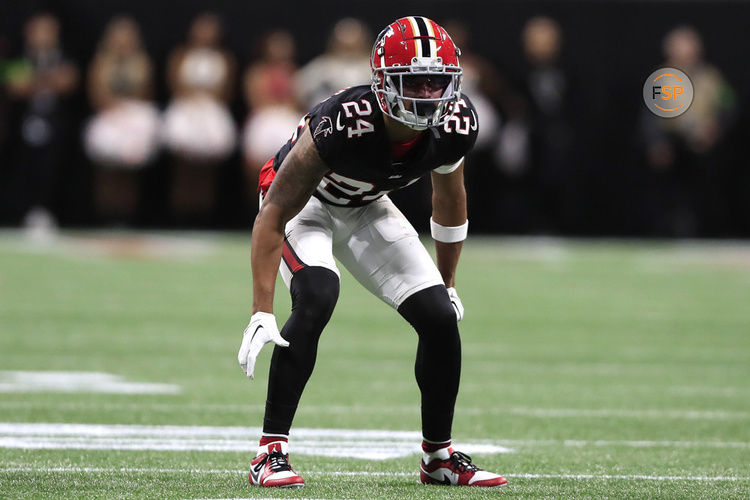 ATLANTA, GA - OCTOBER 15: Atlanta Falcons cornerback A.J. Terrell (24) during the week 6 NFL game between the Atlanta Falcons and the Washington Commanders on October 15, 2023 at Mercedes-Benz Stadium in Atlanta, Georgia.  (Photo by David J. Griffin/Icon Sportswire)