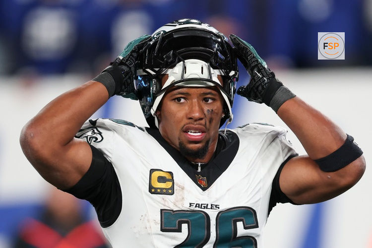 Oct 9, 2025; East Rutherford, New Jersey, USA; Philadelphia Eagles running back Saquon Barkley (26) looks on during the second quarter of the game against the New York Giants at MetLife Stadium. Credit: Vincent Carchietta-Imagn Images
