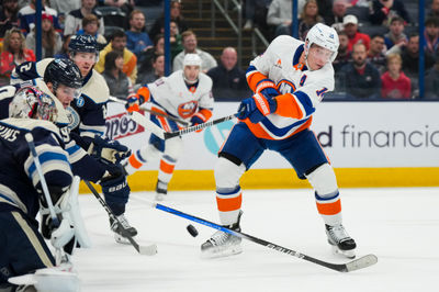 Oct 30, 2024; Columbus, Ohio, USA; New York Islanders center Bo Horvat (14) shoots the puck against the Columbus Blue Jackets in the first period at Nationwide Arena. Mandatory Credit: Aaron Doster-Imagn Images