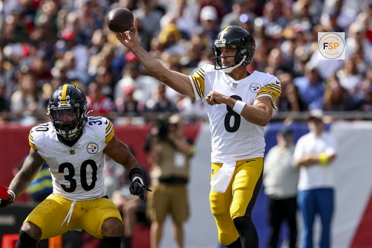 Sep 21, 2025; Foxborough, Massachusetts, USA; Pittsburgh Steelers quarterback Aaron Rodgers (8) makes a pass during the first quarter at Gillette Stadium. Credit: Paul Rutherford-Imagn Images