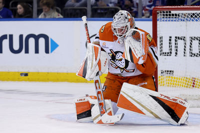 Oct 26, 2024; New York, New York, USA; Anaheim Ducks goaltender Lukas Dostal (1) makes a save against the New York Rangers during the first period at Madison Square Garden. Mandatory Credit: Brad Penner-Imagn Images