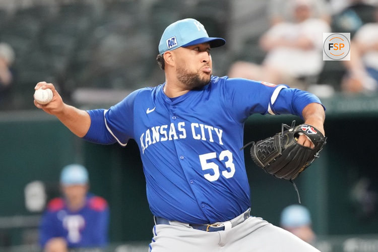 Mar 25, 2025; Arlington, Texas, USA; Kansas City Royals relief pitcher Carlos Estevez (53) delivers a pitch to the Texas Rangers during the eighth inning at Globe Life Field. Credit: Jim Cowsert-Imagn Images