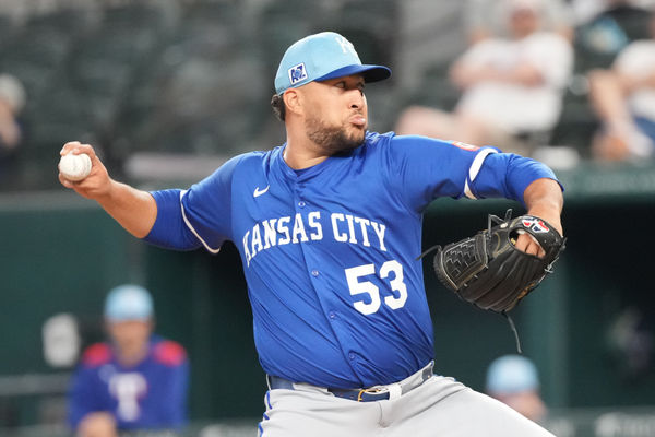 Mar 25, 2025; Arlington, Texas, USA; Kansas City Royals relief pitcher Carlos Estevez (53) delivers a pitch to the Texas Rangers during the eighth inning at Globe Life Field. Mandatory Credit: Jim Cowsert-Imagn Images