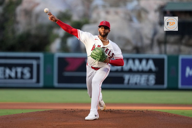 Aug 25, 2026; Anaheim, California, USA; Los Angeles Angels pitcher Walbert Urena (57) throws against the Cleveland Guardians at Angel Stadium. Credit: Kirby Lee-Imagn Images