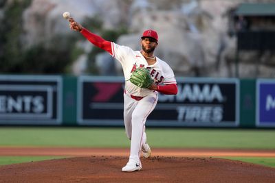Aug 25, 2026; Anaheim, California, USA; Los Angeles Angels pitcher Walbert Urena (57) throws against the Cleveland Guardians at Angel Stadium. Mandatory Credit: Kirby Lee-Imagn Images