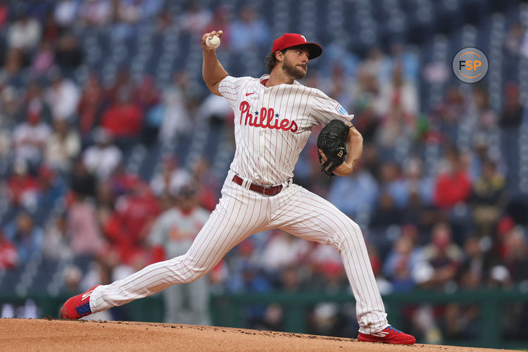 May 14, 2025; Philadelphia, Pennsylvania, USA; Philadelphia Phillies pitcher Aaron Nola (27) throws a pitch during the first inning against the St. Louis Cardinals at Citizens Bank Park. Credit: Bill Streicher-Imagn Images