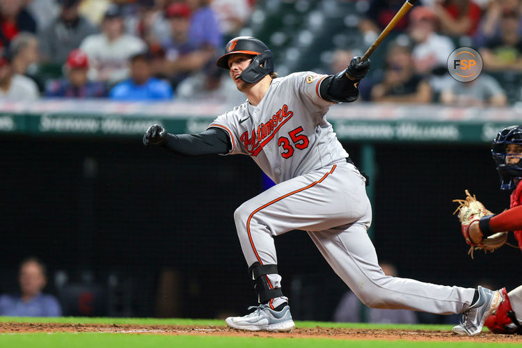 CLEVELAND, OH - SEPTEMBER 21: Baltimore Orioles catcher Adley Rutschman (35) doubles during the sixth inning of the Major League Baseball game between the Baltimore Orioles and Cleveland Guardians on September 21, 2023, at Progressive Field in Cleveland, OH. (Photo by Frank Jansky/Icon Sportswire)