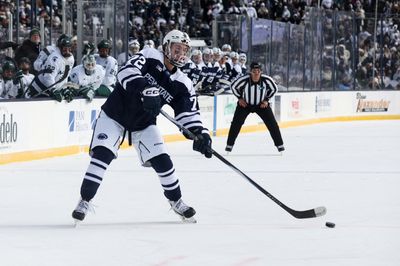Jan 31, 2026; State College, PA, USA; Penn State Nittany Lions forward Gavin McKenna (72) looks to shoot the puck during the first period against the Michigan State Spartans at Beaver Stadium. Mandatory Credit: Matthew O'Haren-Imagn Images