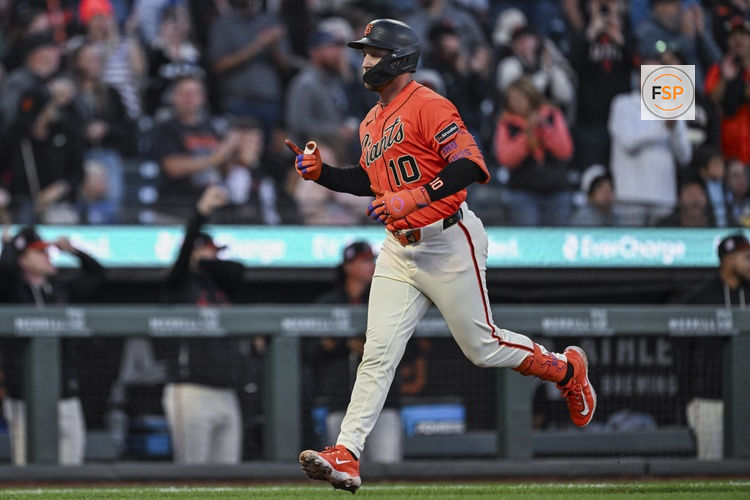 Jul 24, 2026; San Francisco, California, USA; San Francisco Giants third baseman Casey Schmitt (10) celebrates hitting a 3-run home run in the bottom of the third inning against the Los Angeles Angels at Oracle Park. Credit: Justine Willard-Imagn Images