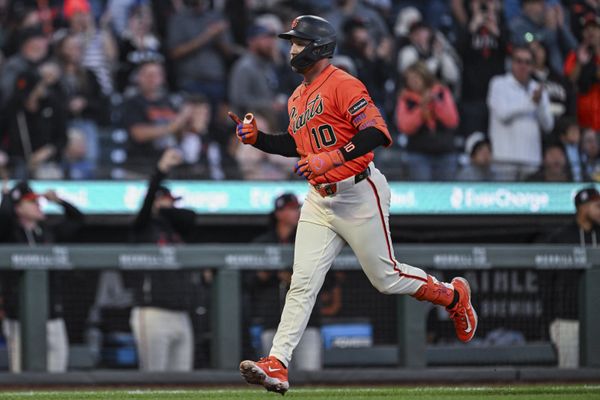 Jul 24, 2026; San Francisco, California, USA; San Francisco Giants third baseman Casey Schmitt (10) celebrates hitting a 3-run home run in the bottom of the third inning against the Los Angeles Angels at Oracle Park. Mandatory Credit: Justine Willard-Imagn Images