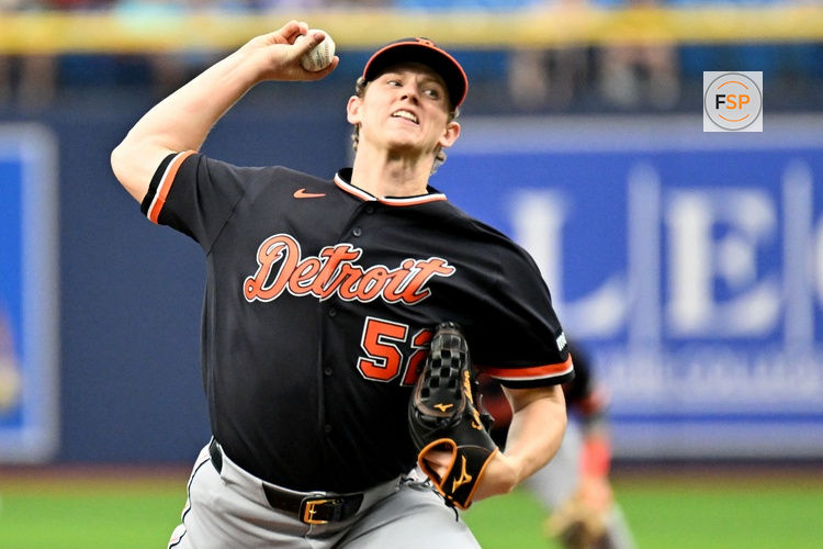 Jun 3, 2026; St. Petersburg, Florida, USA; Detroit Tigers starting pitcher Troy Melton (52) throws a pitch in the first inning against the Tampa Bay Rays  at Tropicana Field. Credit: Jonathan Dyer-Imagn Images