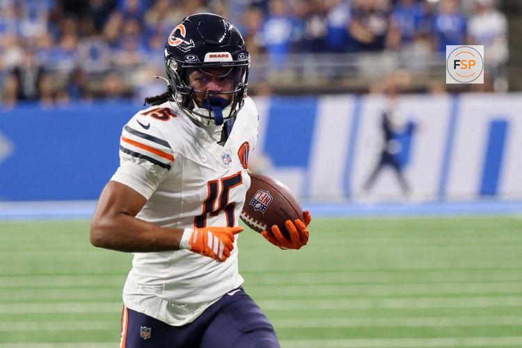 Sep 14, 2025; Detroit, Michigan, USA; Chicago Bears wide receiver Rome Odunze (15) carries the ball for a touchdown against the Detroit Lions during the first quarter at Ford Field. Credit: David Reginek-Imagn Images