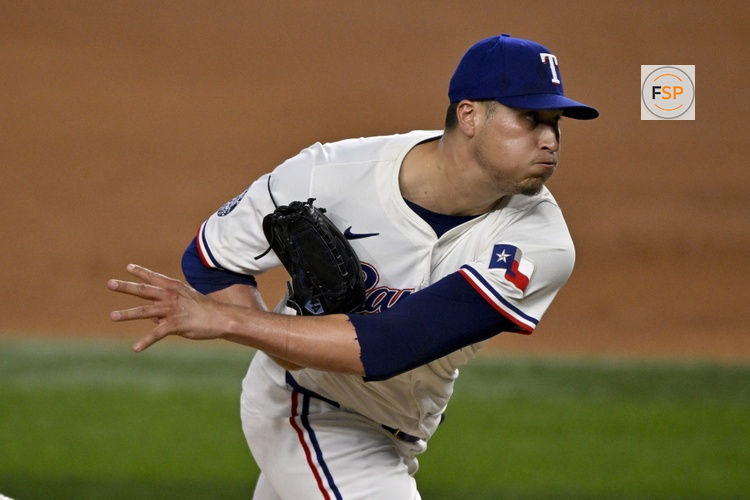 Jul 23, 2025; Arlington, Texas, USA; Texas Rangers relief pitcher Robert Garcia (62) pitches against the Athletics during the ninth inning at Globe Life Field. Credit: Jerome Miron-Imagn Images