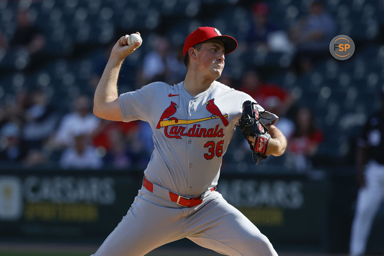 Jun 19, 2025; Chicago, Illinois, USA; St. Louis Cardinals starting pitcher Michael McGreevy (36) delivers a pitch against the Chicago White Sox during the first inning of game two of a doubleheader at Rate Field. Credit: Kamil Krzaczynski-Imagn Images