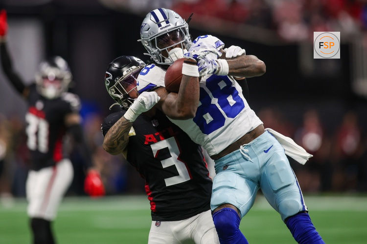 Nov 3, 2024; Atlanta, Georgia, USA; Dallas Cowboys wide receiver CeeDee Lamb (88) catches a pass in front of Atlanta Falcons safety Jessie Bates III (3) in the second quarter at Mercedes-Benz Stadium. Credit: Brett Davis-Imagn Images