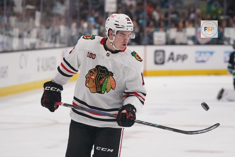 Apr 6, 2026; San Jose, California, USA;  Chicago Blackhawks center Anton Frondell (16) warms up before the game against the San Jose Sharks at SAP Center at San Jose. Credit: David Gonzales-Imagn Images