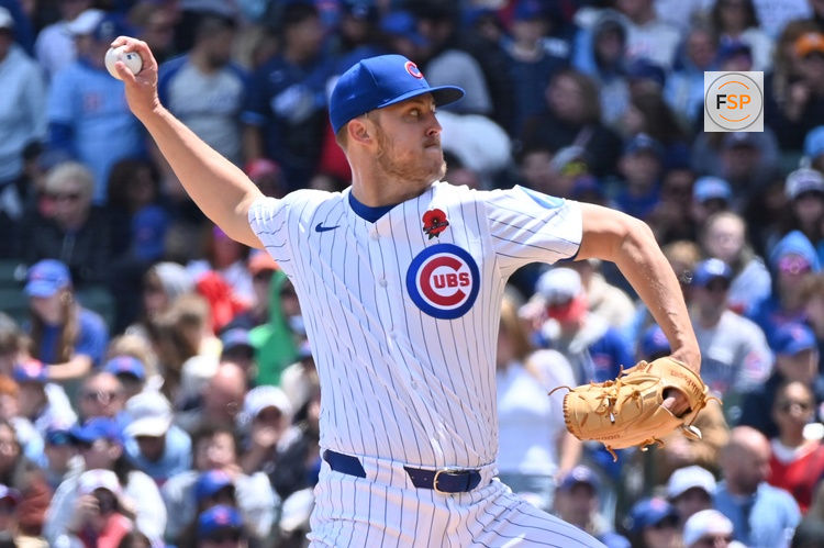 May 26, 2025; Chicago, Illinois, USA; Chicago Cubs starting pitcher Jameson Taillon (50) pitches during the first inning against the Colorado Rockies at Wrigley Field. Credit: Patrick Gorski-Imagn Images