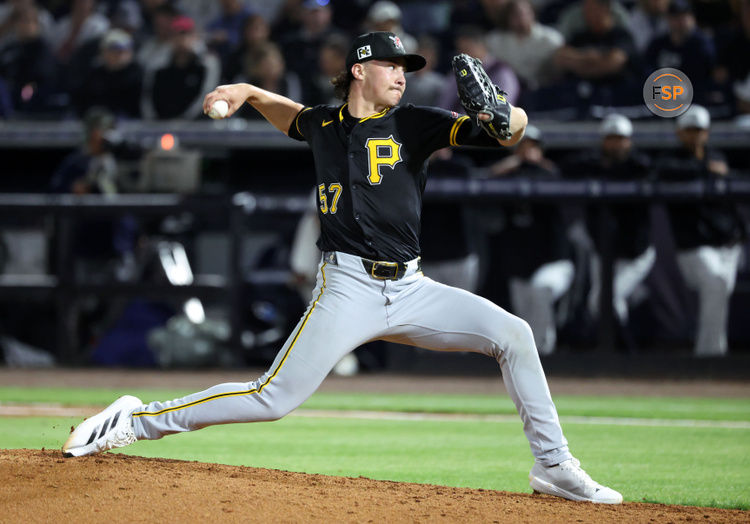 Mar 3, 2025; Tampa, Florida, USA; Pittsburgh Pirates pitcher Bubba Chandler (57) throws a pitch during the fifth inning against the New York Yankees  at George M. Steinbrenner Field. Credit: Kim Klement Neitzel-Imagn Images